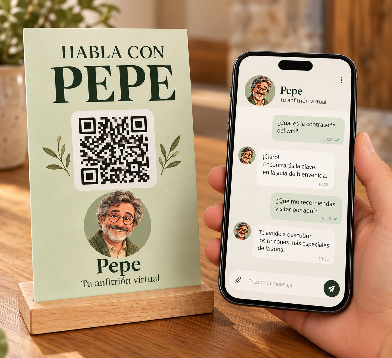 Cartel con código QR de Pepe, el anfitrión virtual, junto a un móvil con una conversación con Pepe