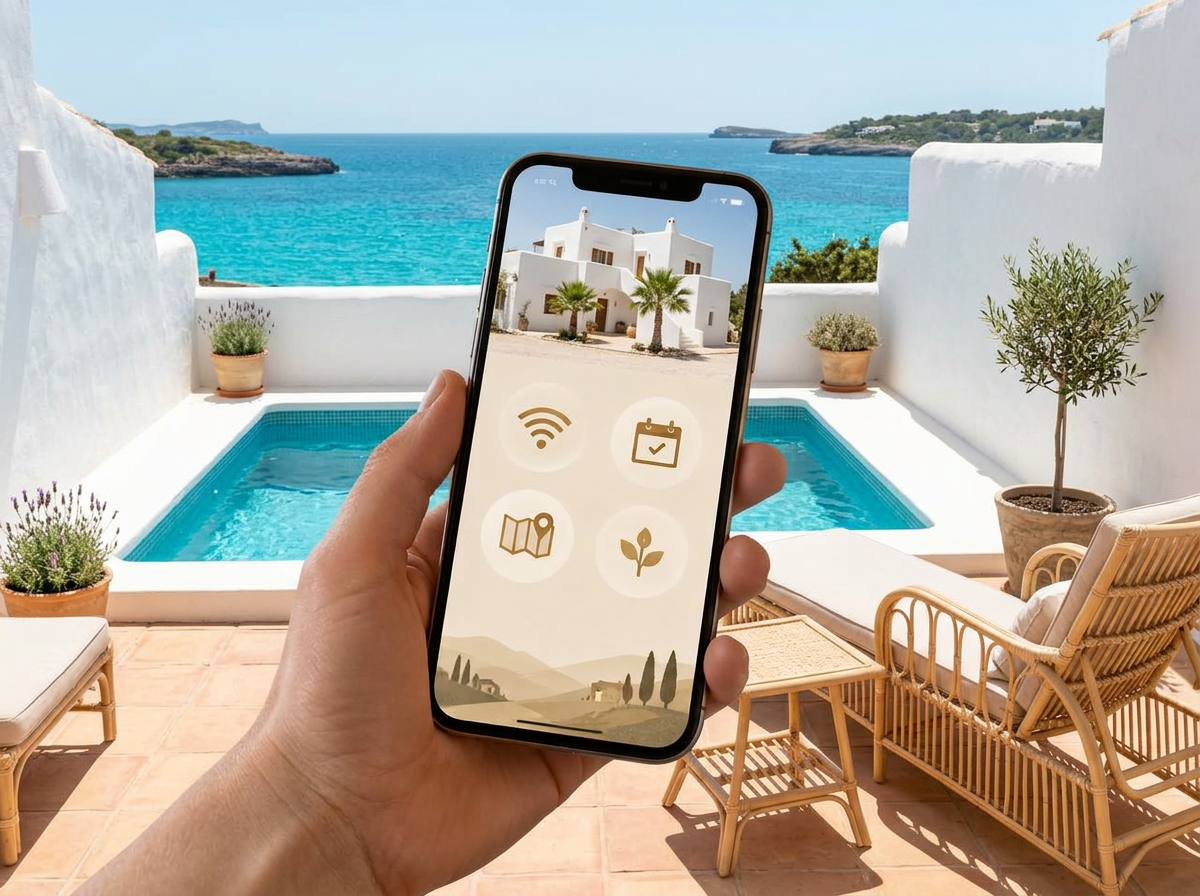 Guía virtual para huéspedes en un móvil en la terraza de una villa vacacional en Menorca