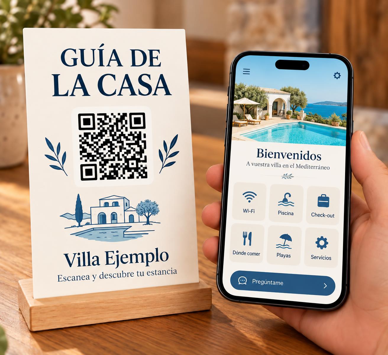 Cartel «Guía de la casa» con código QR y un móvil con una aplicación visual de una villa con piscina