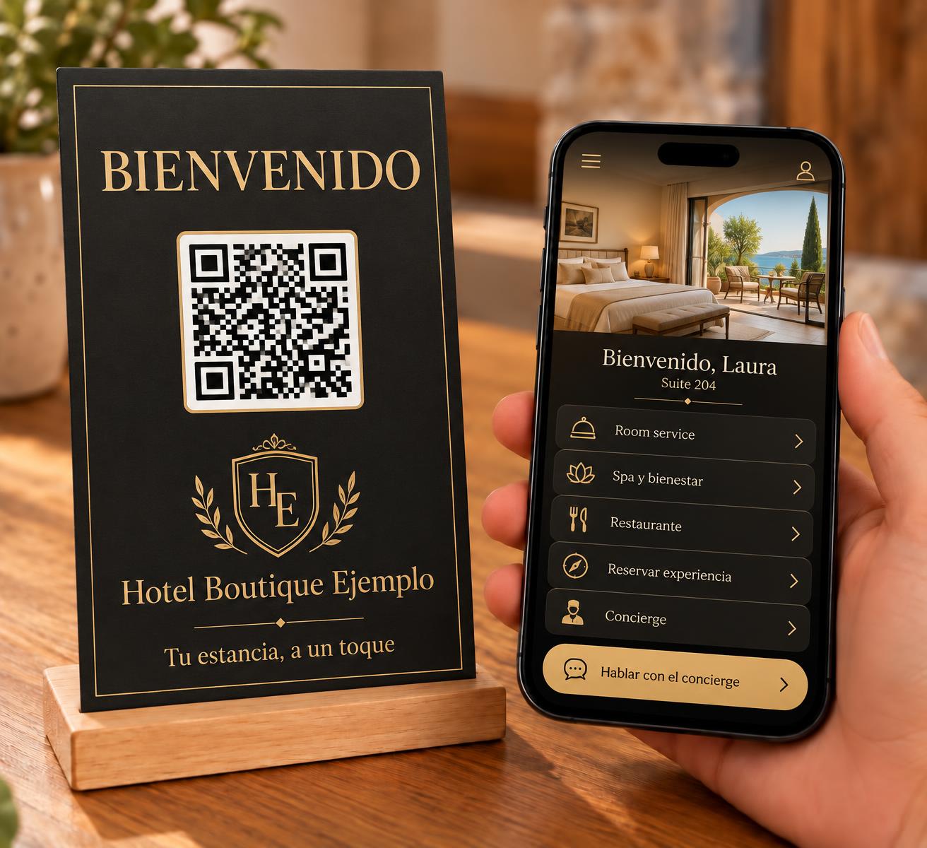 Cartel negro y dorado de bienvenida con código QR y un móvil con la aplicación de un hotel boutique
